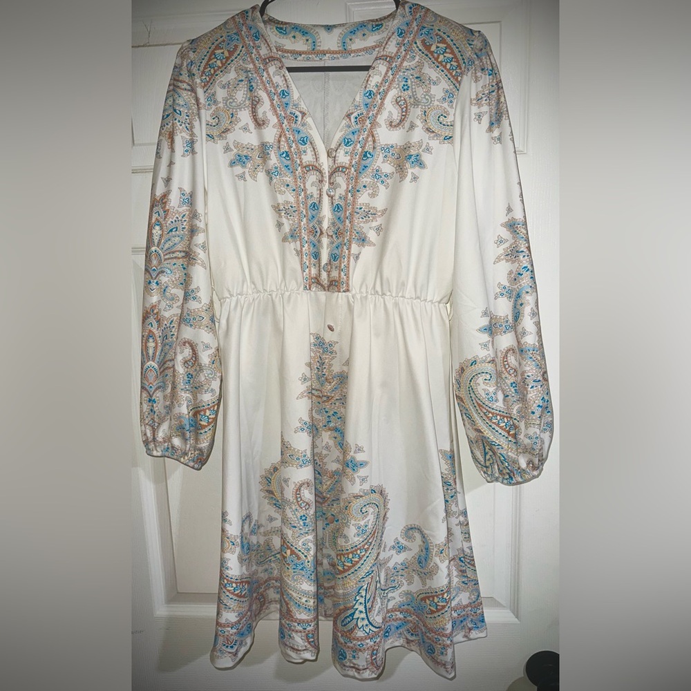 SHEIN Cream Midi Dress with Blue and Tan Paisley Print